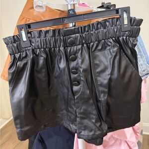 SHEIN Black Faux Leather Paperbag Waist Shorts with Front Buttons